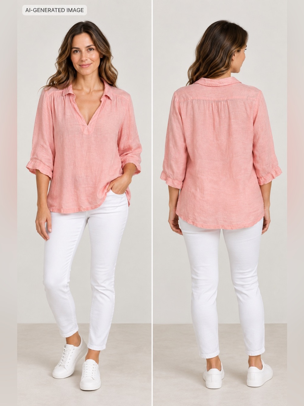 Sigrid Olsen Pink Coral Linen Tunic Blouse 3/4 Sleeve